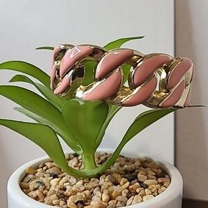 Gold Tone Chain Link Bracelet‎ Pink Enamel Inlay Statement Jewelry Fashion